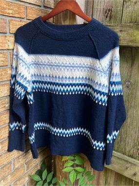 Aerie Oversized Navy and White Fair Isle Crewneck Sweater